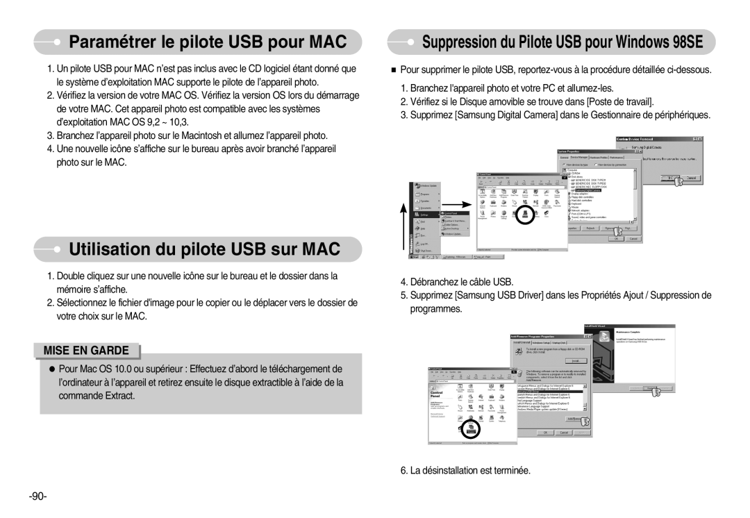 Samsung EC-D60ZZSFM/E1, EC-D70ZZBBC/FR Paramétrer le pilote USB pour MAC, Utilisation du pilote USB sur MAC, Mise En Garde 