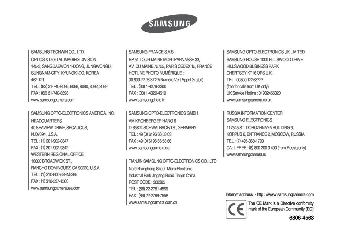 Samsung EC-D60ZZBFL/E1 manual 6806-4563, 145-3, SANGDAEWON 1-DONG, JUNGWONGU, SUNGNAM-CITY, KYUNGKI-DO, KOREA, TEL 1 FAX 1 