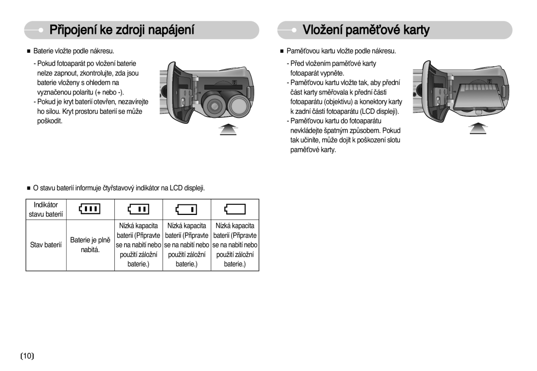 Samsung EC-D60ZZBHB/DE, EC-D75ZZBDB/DE, EC-D70ZZSDB/DE, EC-D60ZZSHB/DE Pﬁipojení ke zdroji napájení VloÏení pamûÈové karty 