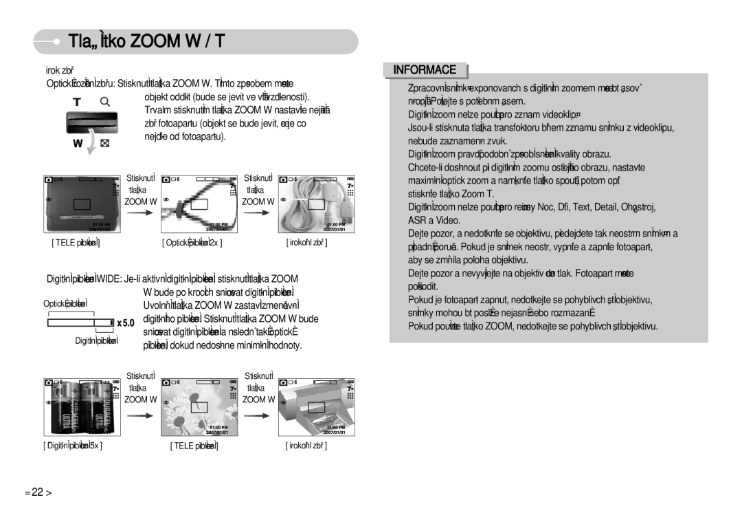 Samsung EC-D60ZZSHB/DE manual Bude po krocích sniÏovat digitální pﬁiblíÏení, Uvolnûní tlaãítka Zoom W zastaví zmen‰ování 