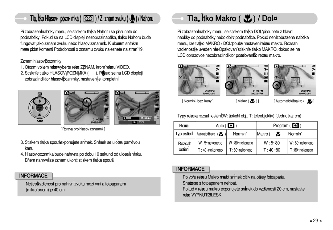 Samsung EC-D70ZZBDB/DE, EC-D75ZZBDB/DE, EC-D60ZZBHB/DE manual Tlaãítko Makro / DolÛ, ReÏim Auto Program, Normálnû Makro 