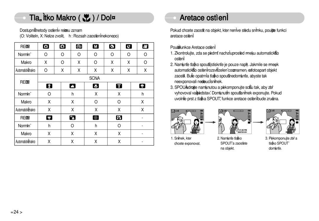 Samsung EC-D75ZZBDB/DE, EC-D60ZZBHB/DE manual Tlaãítko Makro DolÛ, Aretace ostﬁení, Dostupné metody ostﬁení v reÏimu záznam 