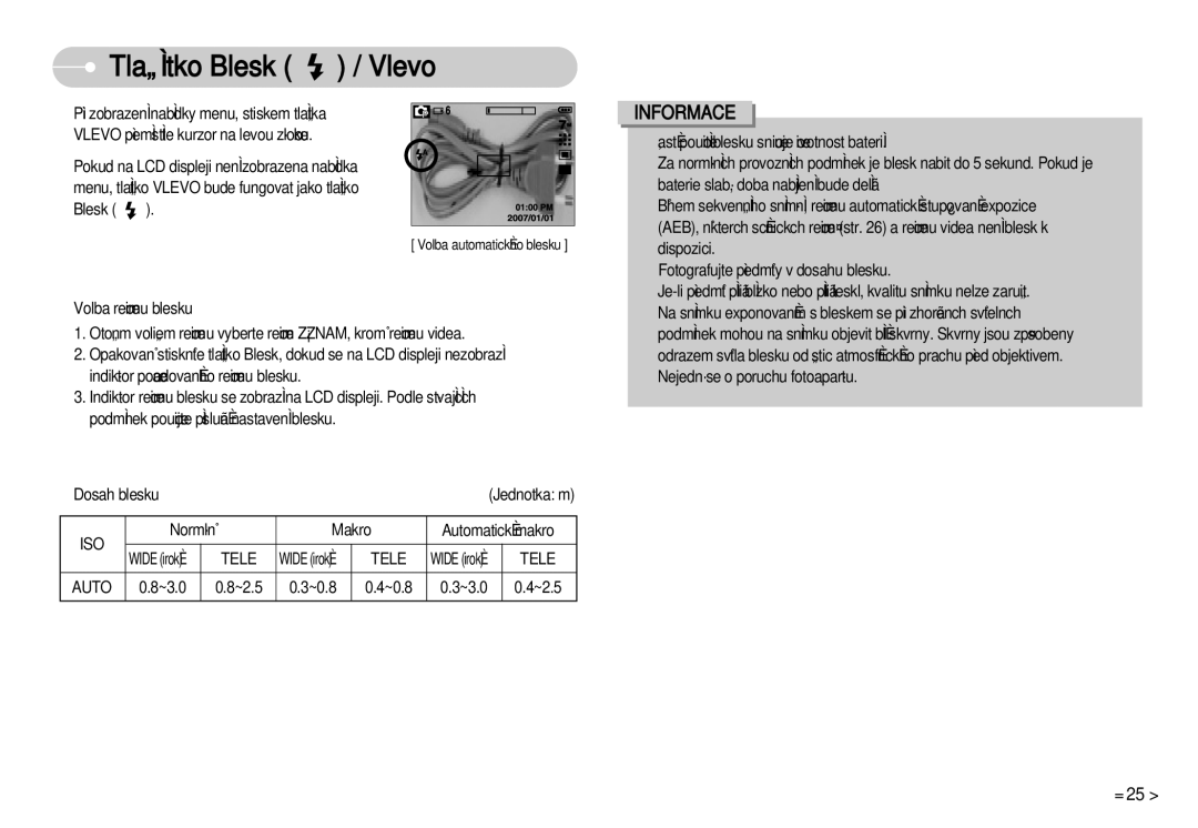 Samsung EC-D60ZZBHB/DE, EC-D75ZZBDB/DE manual Tlaãítko Blesk / Vlevo, Normálnû Makro Automatické makro, Tele, ~3.0 ~2.5 ~0.8 