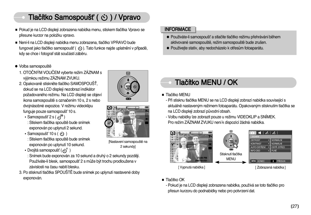 Samsung EC-D60ZZSHB/DE, EC-D75ZZBDB/DE, EC-D60ZZBHB/DE, EC-D70ZZSDB/DE manual Tlaãítko Samospou‰È / Vpravo, Tlaãítko Menu / OK 