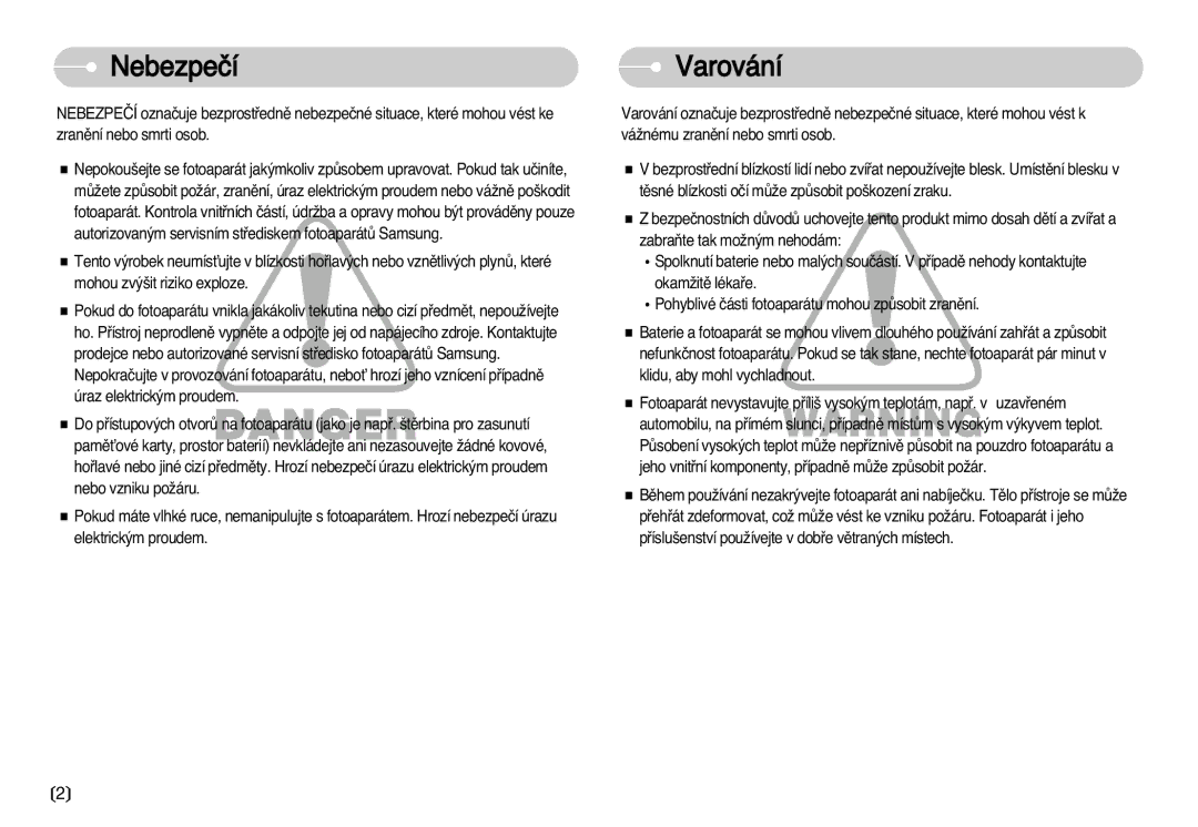 Samsung EC-D60ZZSHB/DE, EC-D75ZZBDB/DE, EC-D60ZZBHB/DE, EC-D70ZZSDB/DE, EC-D70ZZBDB/DE manual Nebezpeãí, Varování 