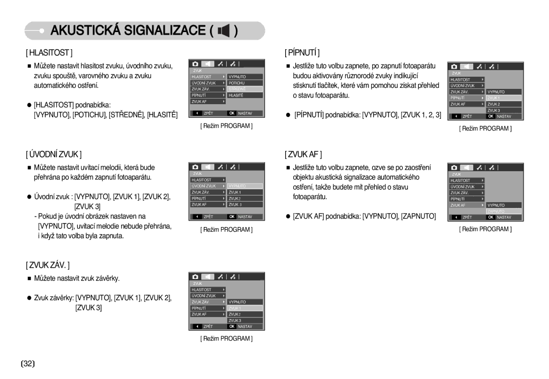 Samsung EC-D60ZZSHB/DE, EC-D75ZZBDB/DE, EC-D60ZZBHB/DE, EC-D70ZZSDB/DE manual Hlasitost, Pípnutí, Úvodnízvuk, Zvukaf, Zvukzáv 