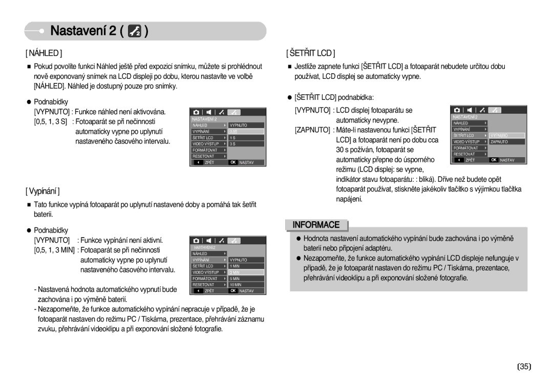 Samsung EC-D60ZZBHB/DE, EC-D75ZZBDB/DE manual Náhled, ·Et¤Itlcd, ·ET¤IT LCD podnabídka, Zachována i po v˘mûnû baterií 