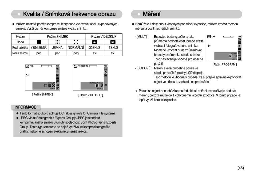 Samsung EC-D60ZZBHB/DE, EC-D75ZZBDB/DE, EC-D70ZZSDB/DE, EC-D60ZZSHB/DE Kvalita / Snímková frekvence obrazu Mûﬁení, Multi 