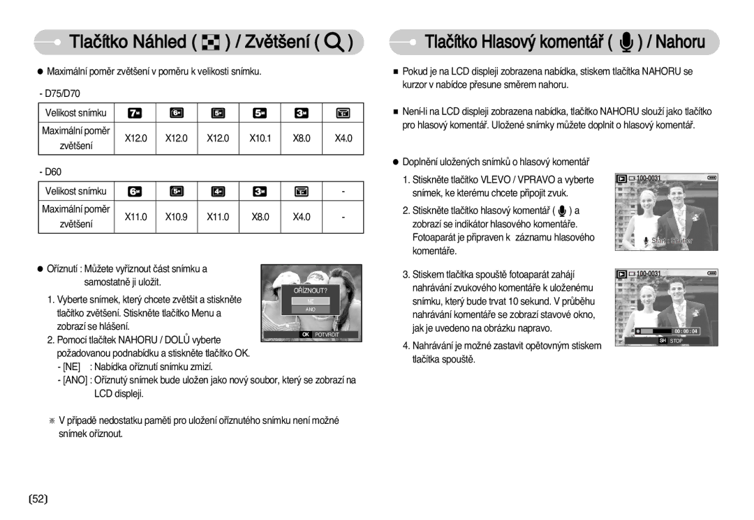 Samsung EC-D60ZZSHB/DE, EC-D75ZZBDB/DE Tlaãítko Hlasov˘ komentáﬁ / Nahoru, X12.0 X10.1 X8.0 X4.0, X11.0 X10.9 X8.0 X4.0 