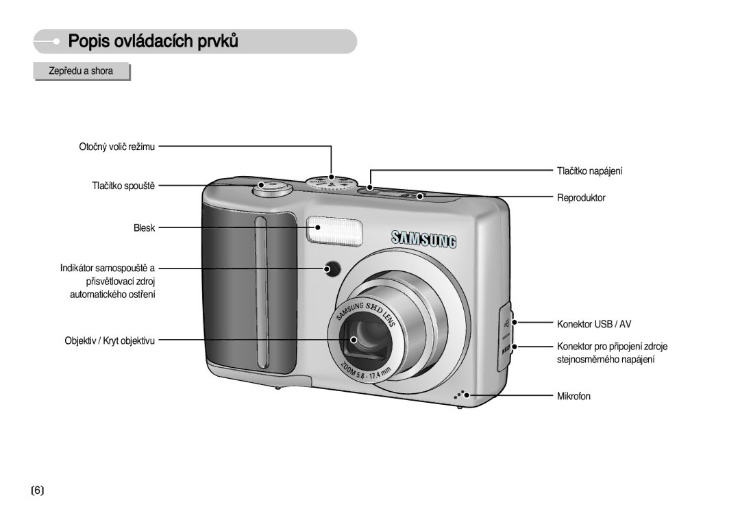 Samsung EC-D70ZZSDB/DE manual Popis ovládacích prvkÛ, Zepﬁedu a shora Otoãn˘ voliã reÏimu Tlaãítko spou‰tû Blesk, Mikrofon 