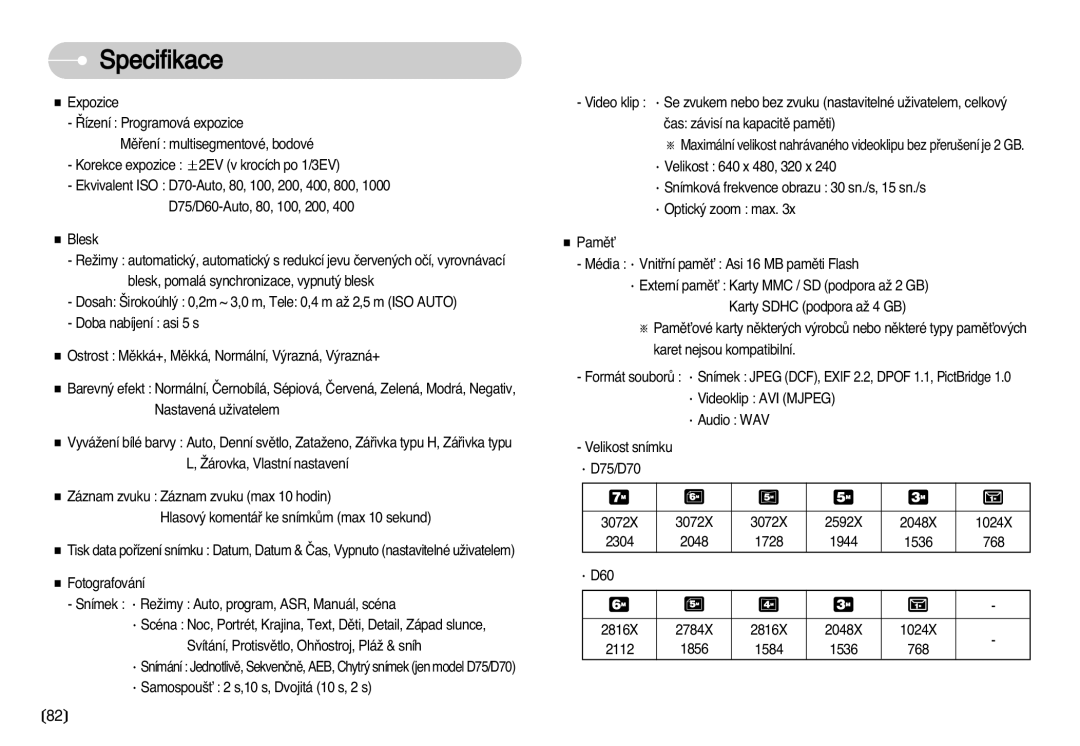 Samsung EC-D60ZZSHB/DE, EC-D75ZZBDB/DE, EC-D60ZZBHB/DE, EC-D70ZZSDB/DE, EC-D70ZZBDB/DE manual 2304 2048 1728 1944 1536 