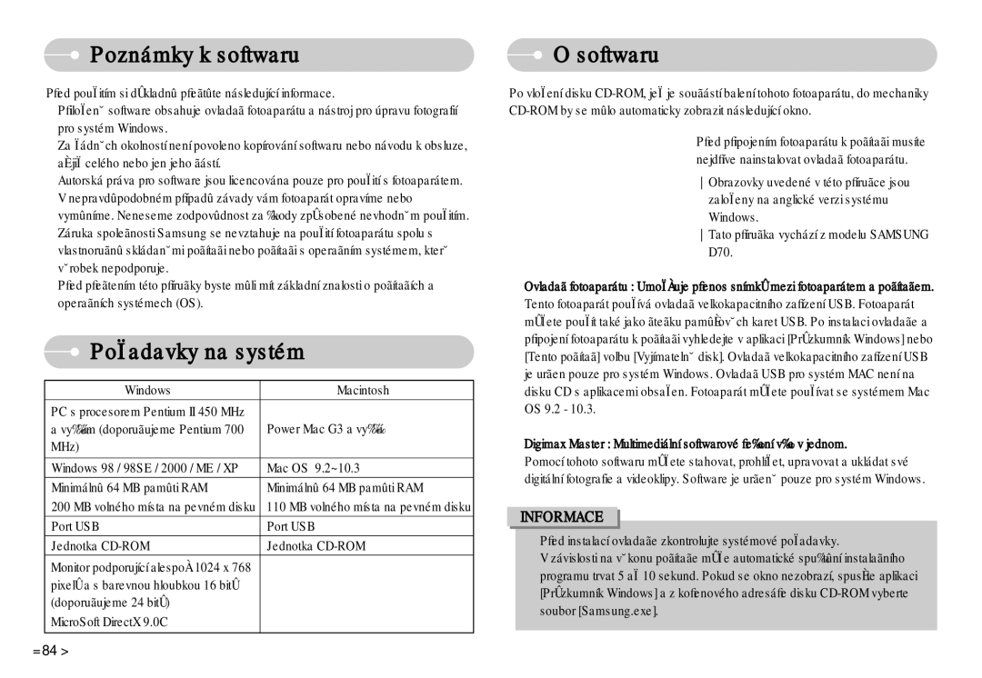 Samsung EC-D75ZZBDB/DE, EC-D60ZZBHB/DE, EC-D70ZZSDB/DE, EC-D60ZZSHB/DE Poznámky k softwaru, PoÏadavky na systém, Softwaru 