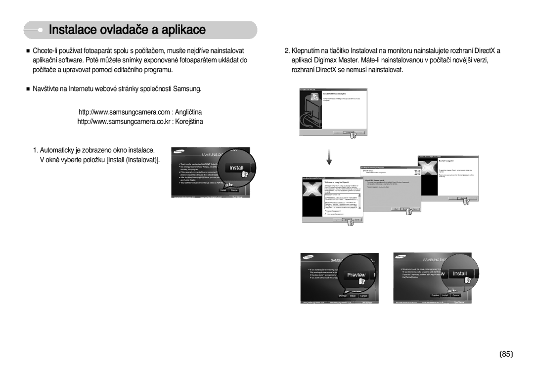 Samsung EC-D60ZZBHB/DE manual Instalace ovladaãe a aplikace, Nav‰tivte na Internetu webové stránky spoleãnosti Samsung 