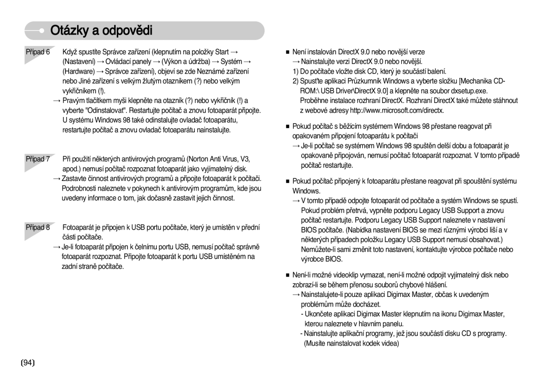 Samsung EC-D75ZZBDB/DE manual Systému Windows 98 také odinstalujte ovladaã fotoaparátu, Pﬁípad, Zadní stranû poãítaãe 