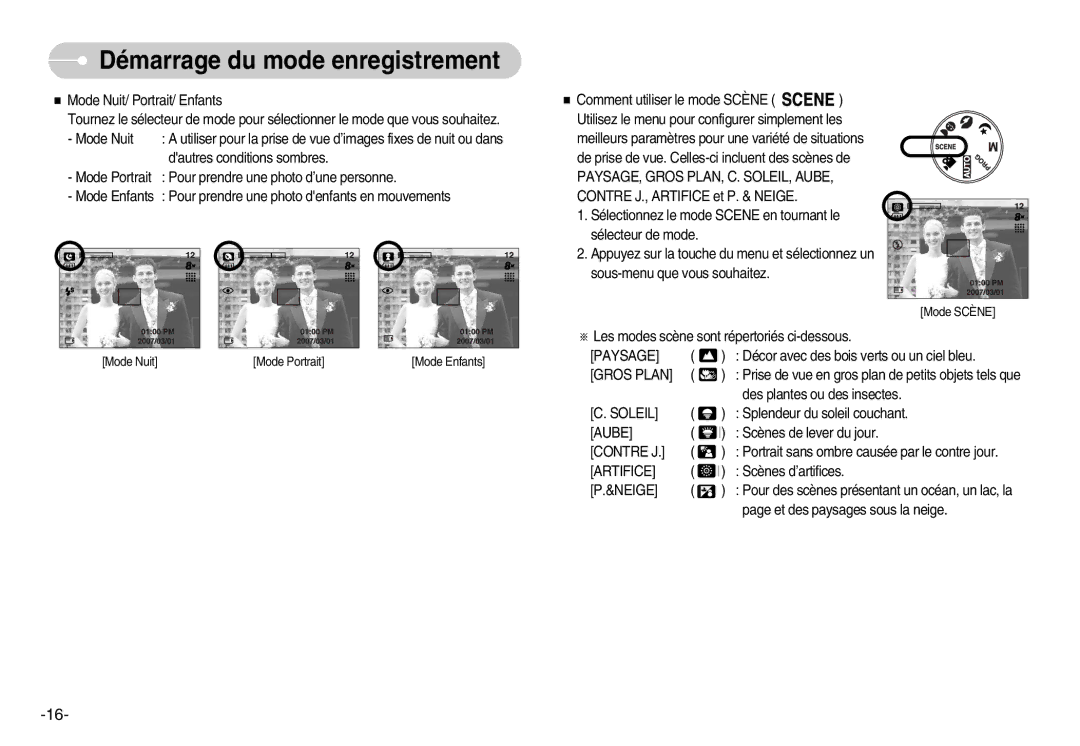 Samsung EC-D830ZSBF/E1, EC-D830ZBBF/E1, EC-D830ZB01KFR manual Paysage, Gros Plan, Soleil, Aube, Contre J, Artifice, Neige 