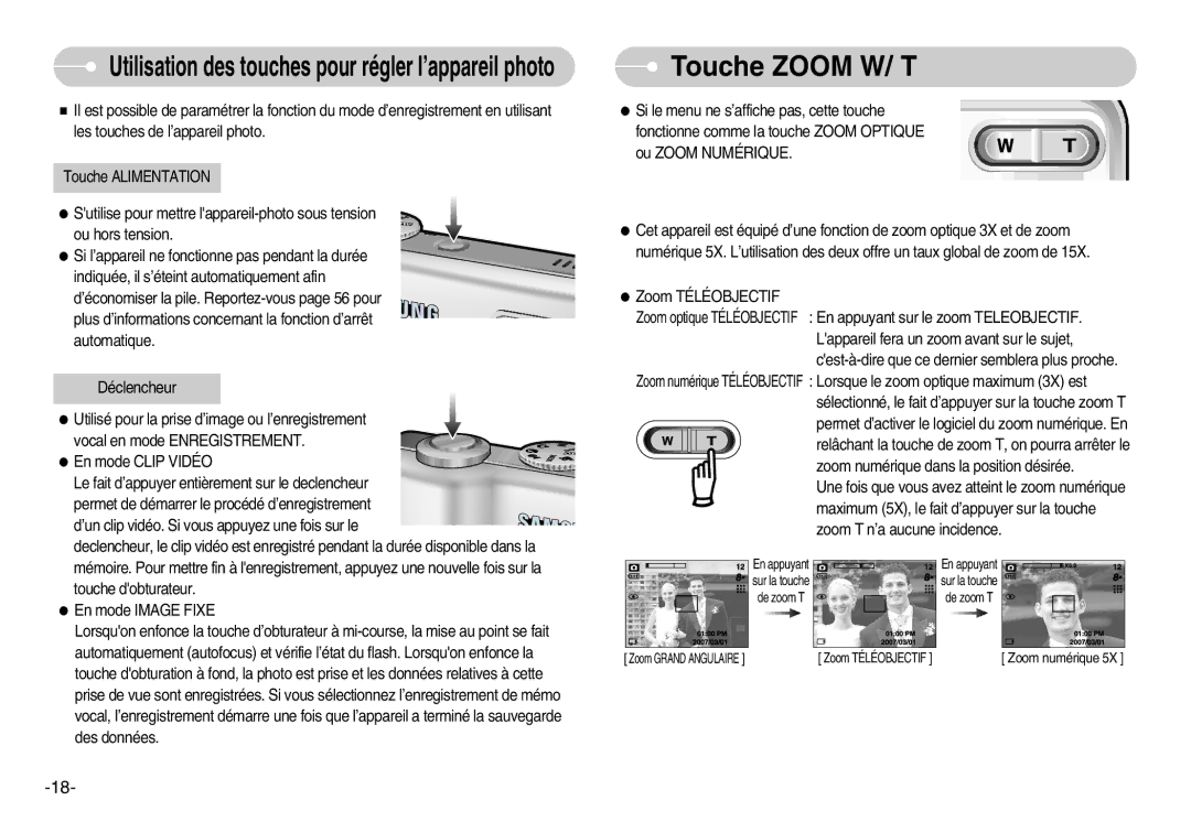 Samsung EC-D830ZB01KFR, EC-D830ZBBF/E1 manual Touche Zoom W/ T, Utilisation des touches pour régler l’appareil photo 