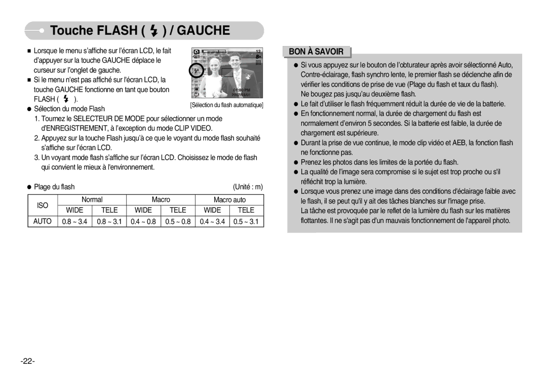 Samsung EC-D830ZSBF/E1, EC-D830ZBBF/E1, EC-D830ZB01KFR Touche Flash / Gauche, Iso, Normal Macro Macro auto, Wide Tele Auto 