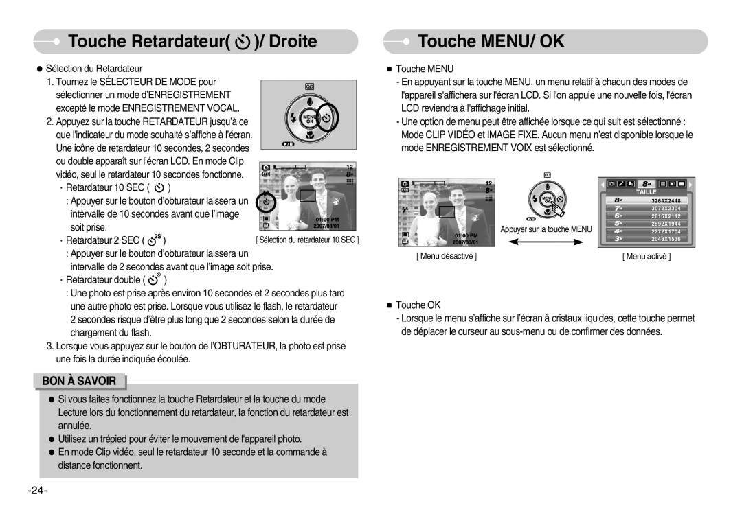 Samsung EC-D830ZB01KFR, EC-D830ZBBF/E1, EC-D830ZSBF/E1 manual Touche MENU/ OK 