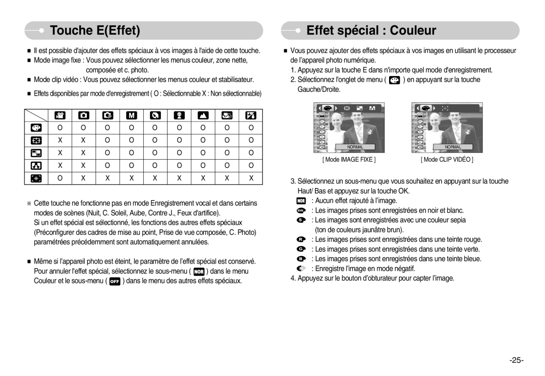 Samsung EC-D830ZSBF/E1, EC-D830ZBBF/E1, EC-D830ZB01KFR manual Touche EEffet, Effet spécial Couleur 