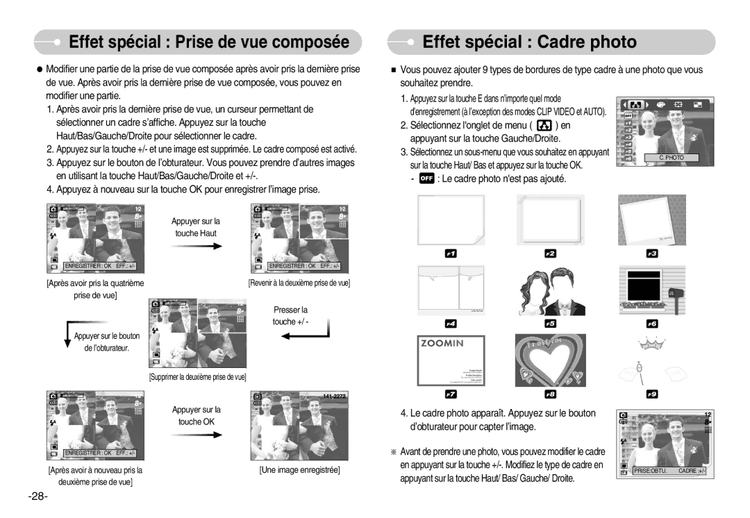 Samsung EC-D830ZSBF/E1, EC-D830ZBBF/E1, EC-D830ZB01KFR manual Effet spécial Cadre photo, Le cadre photo nest pas ajouté 