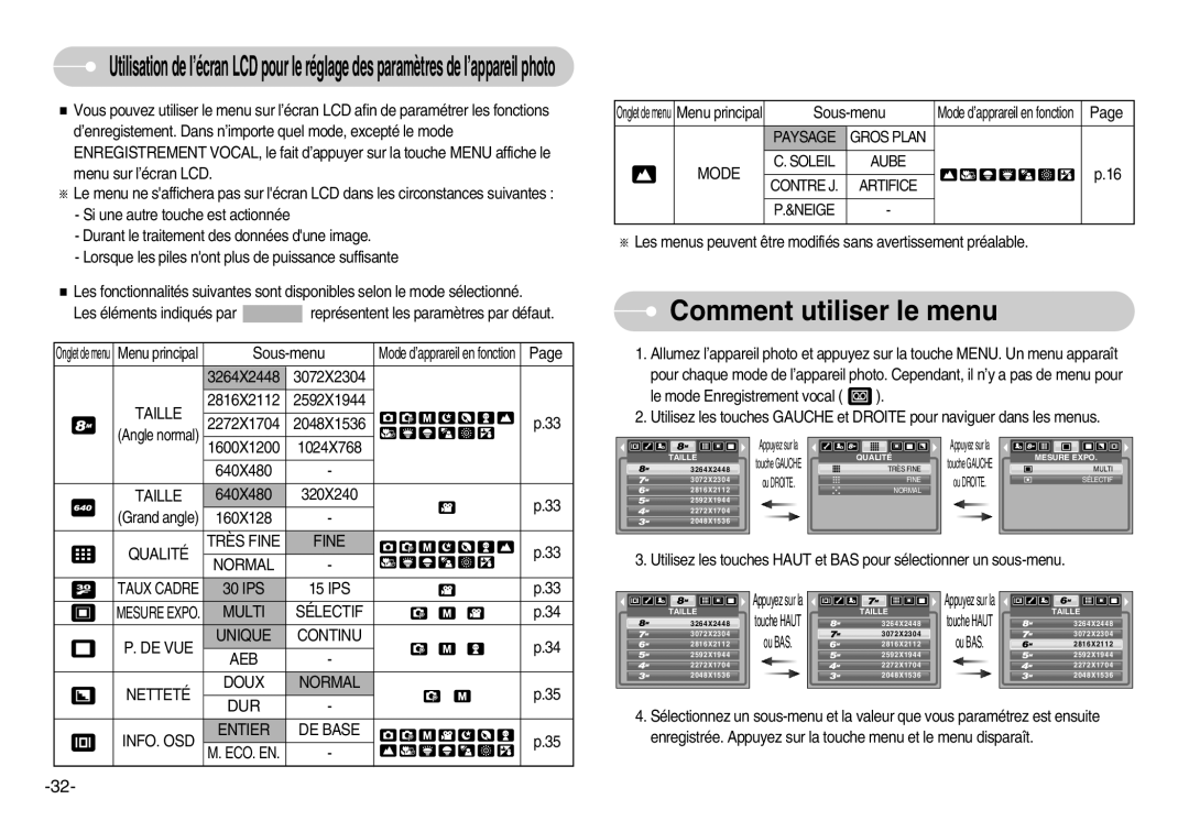 Samsung EC-D830ZBBF/E1 manual Comment utiliser le menu, Taille, Qualité Très Fine Normal, INFO. OSD Entier DE Base 