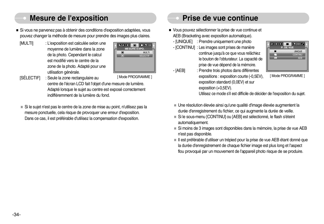 Samsung EC-D830ZSBF/E1, EC-D830ZBBF/E1, EC-D830ZB01KFR manual Mesure de lexposition, Prise de vue continue, Multi, Sélectif 