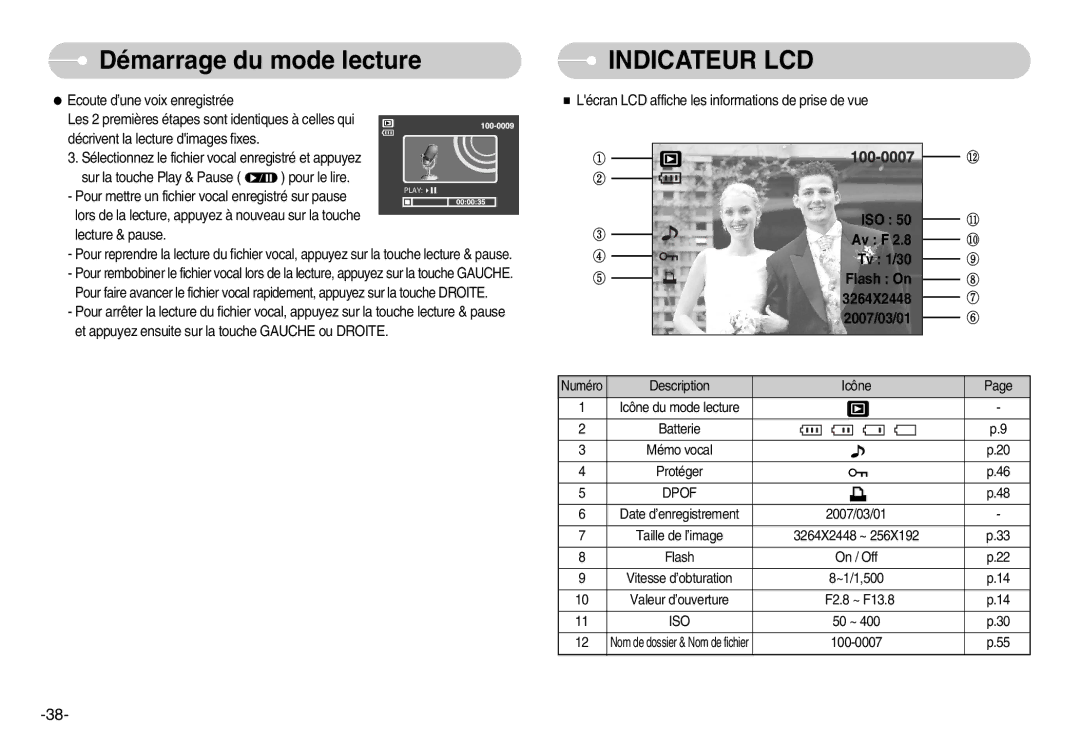 Samsung EC-D830ZBBF/E1 manual Icône Icône du mode lecture Batterie, Protéger, Date d’enregistrement 2007/03/01, 100-0007 