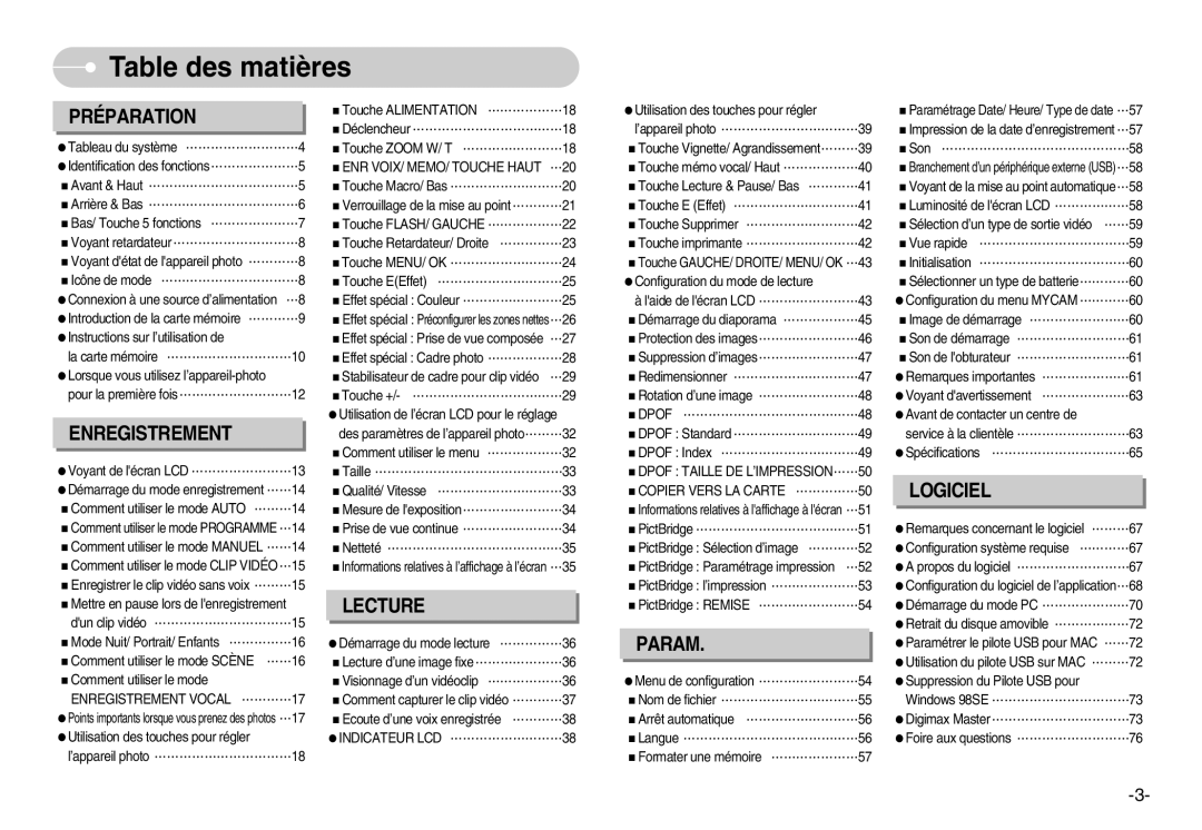 Samsung EC-D830ZB01KFR, EC-D830ZBBF/E1, EC-D830ZSBF/E1 manual Table des matières, Préparation 