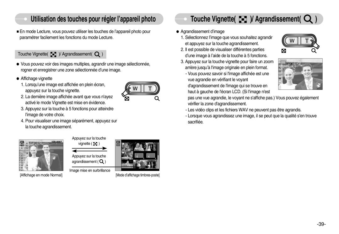 Samsung EC-D830ZB01KFR, EC-D830ZBBF/E1, EC-D830ZSBF/E1 manual Touche Vignette / Agrandissement 