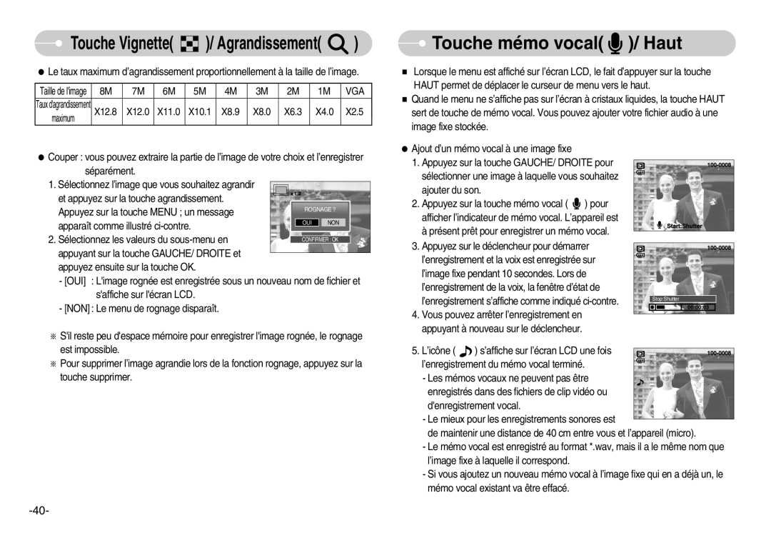 Samsung EC-D830ZSBF/E1, EC-D830ZBBF/E1 manual Touche mémo vocal / Haut, X12.8 X12.0 X11.0 X10.1 X8.9 X8.0 X6.3 X4.0 X2.5 