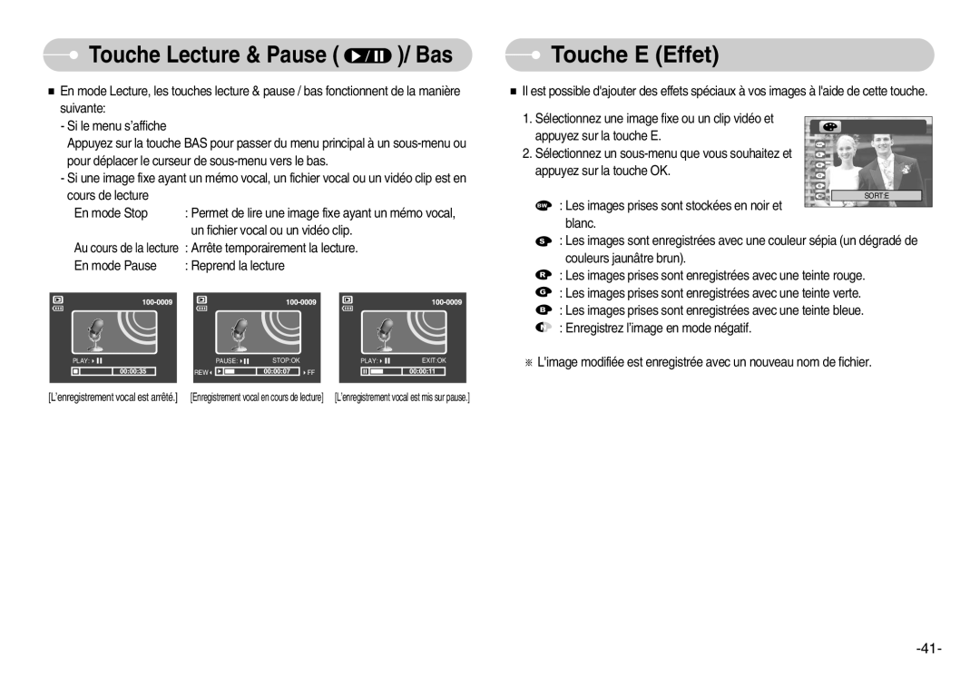 Samsung EC-D830ZBBF/E1, EC-D830ZB01KFR, EC-D830ZSBF/E1 manual Touche E Effet, Touche Lecture & Pause / Bas 