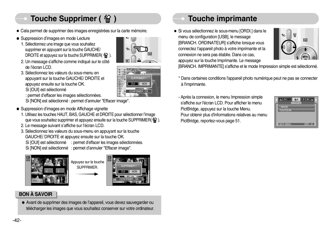 Samsung EC-D830ZB01KFR, EC-D830ZBBF/E1, EC-D830ZSBF/E1 manual Touche Supprimer, Touche imprimante 