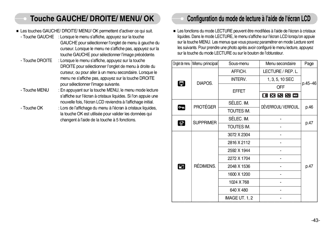 Samsung EC-D830ZSBF/E1 manual Affich Lecture / REP. L Diapos Interv, Effet OFF Protéger SÉLEC. IM, Toutes IM, Rédimens 