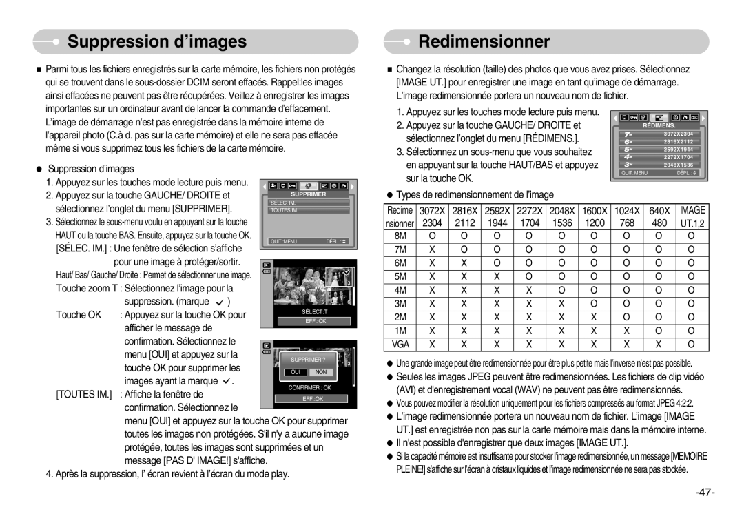 Samsung EC-D830ZBBF/E1, EC-D830ZB01KFR manual Suppression d’images, Redimensionner, Toutes IM. Affiche la fenêtre de 