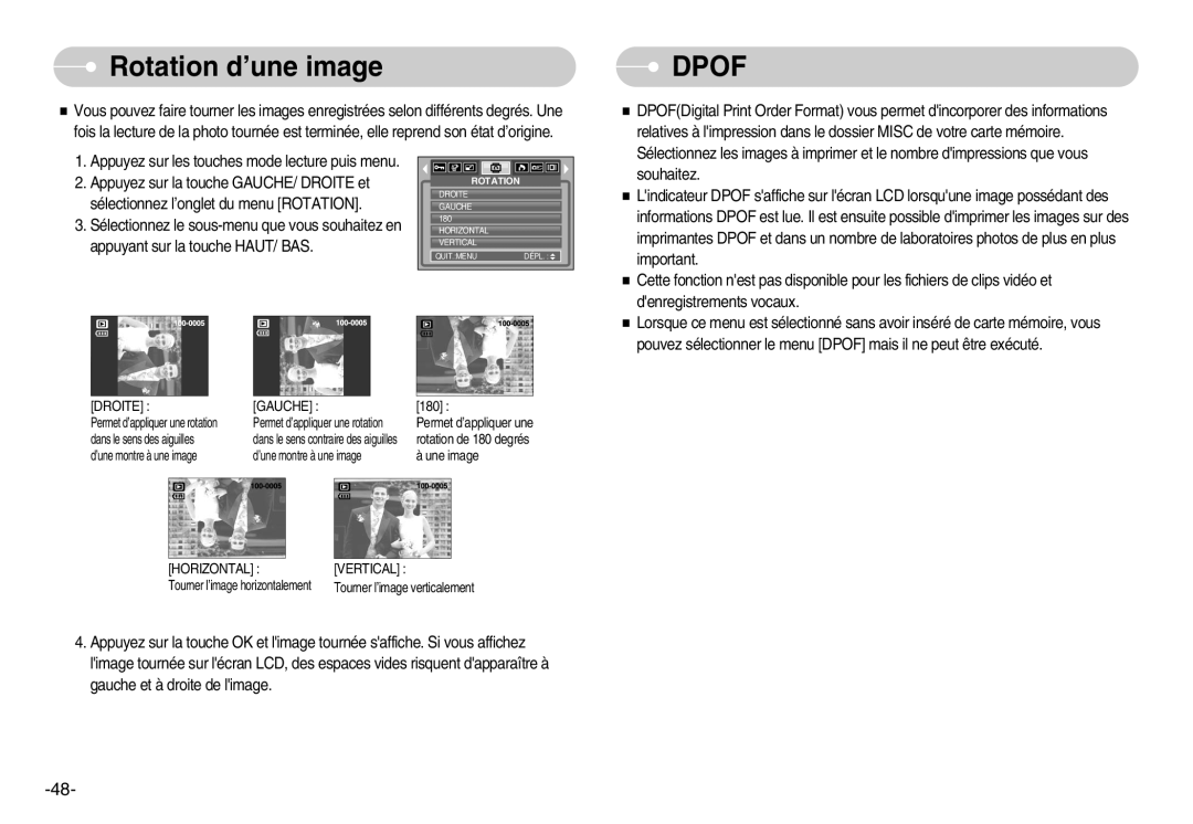 Samsung EC-D830ZB01KFR, EC-D830ZBBF/E1, EC-D830ZSBF/E1 manual Rotation d’une image, Dpof 