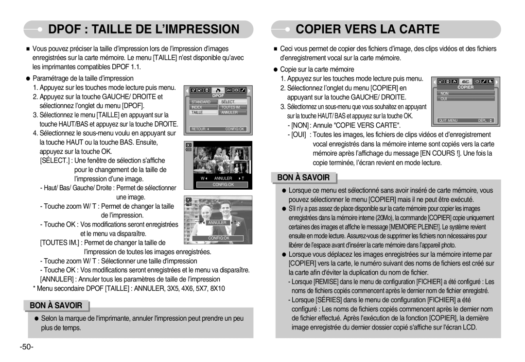 Samsung EC-D830ZBBF/E1, EC-D830ZB01KFR, EC-D830ZSBF/E1 Appuyant sur la touche GAUCHE/ Droite, Et le menu va disparaître 