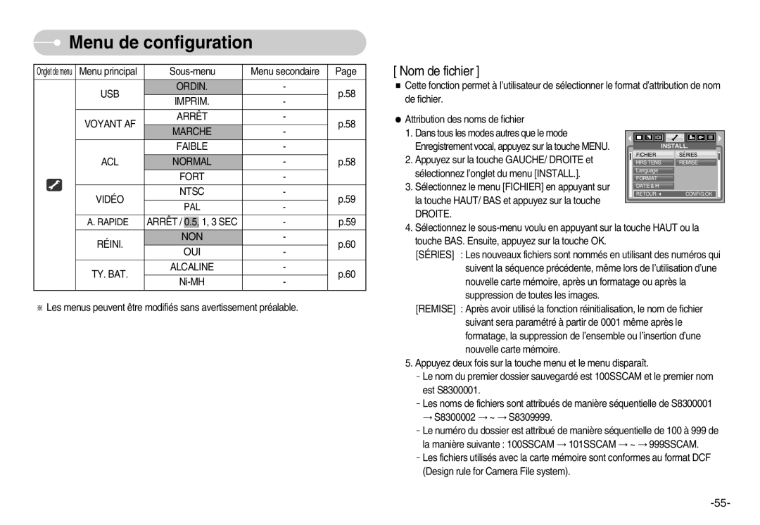 Samsung EC-D830ZSBF/E1, EC-D830ZBBF/E1, EC-D830ZB01KFR manual Réini, OUI TY. BAT Alcaline 