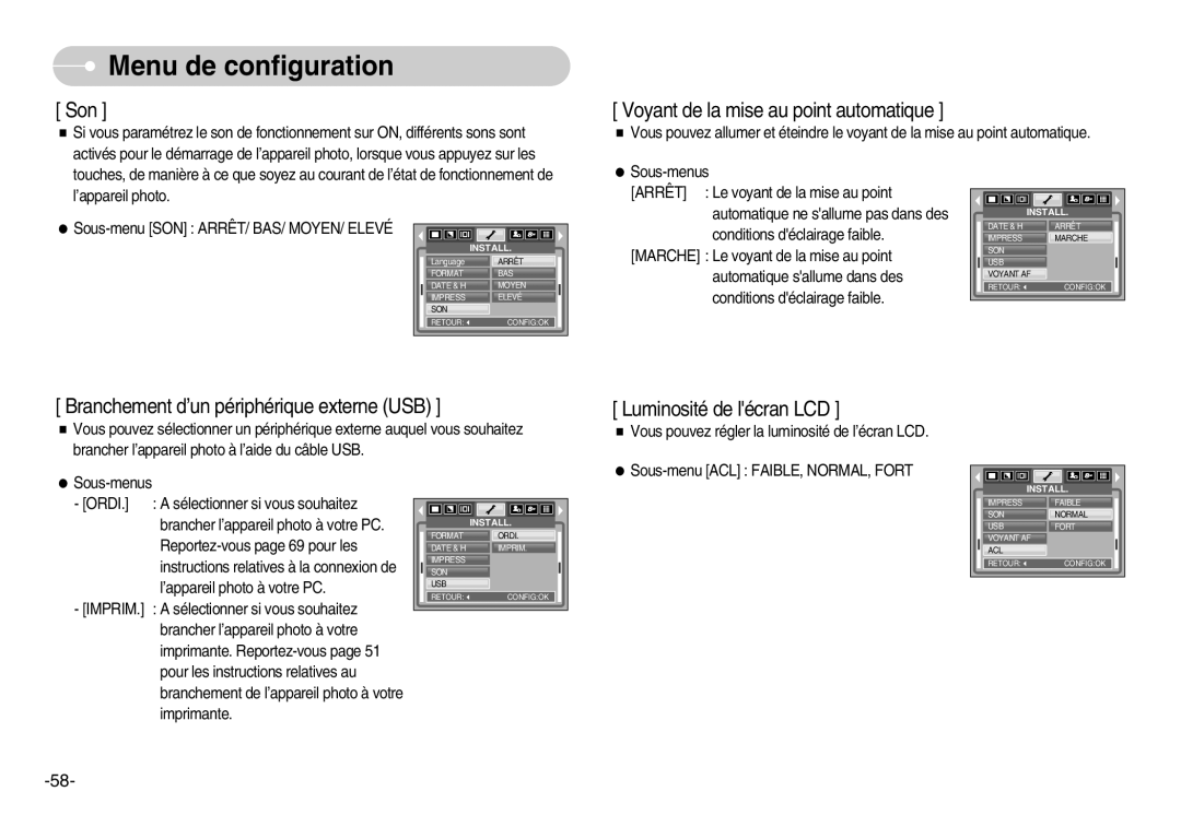 Samsung EC-D830ZSBF/E1, EC-D830ZBBF/E1, EC-D830ZB01KFR manual Son, Sous-menu SON ARRÊT/ BAS/ MOYEN/ Elevé 