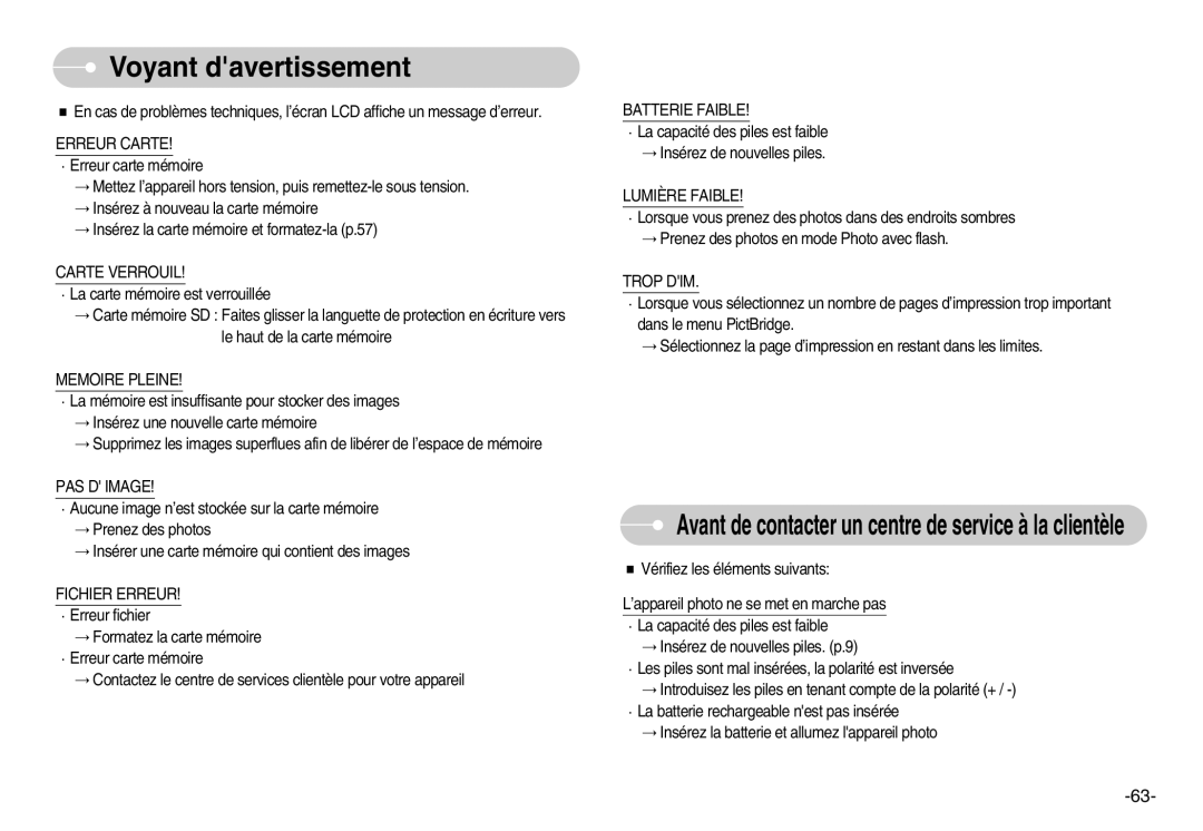 Samsung EC-D830ZB01KFR, EC-D830ZBBF/E1, EC-D830ZSBF/E1 manual Voyant davertissement 