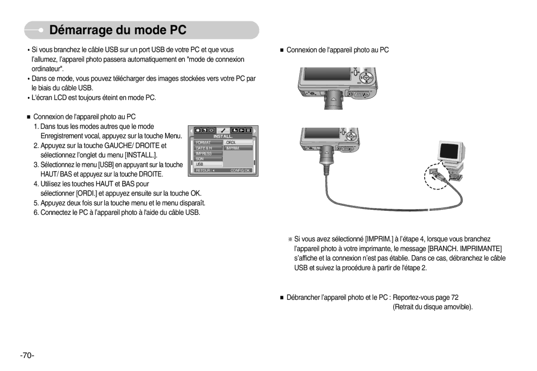 Samsung EC-D830ZSBF/E1, EC-D830ZBBF/E1, EC-D830ZB01KFR manual Démarrage du mode PC 