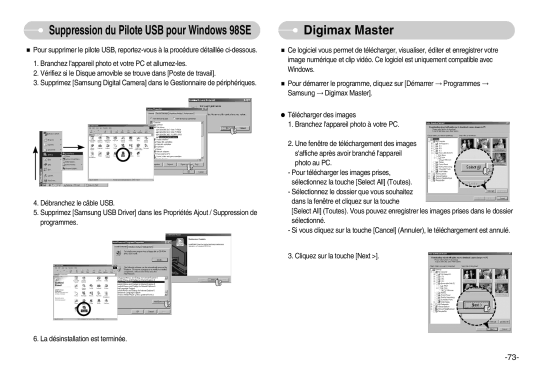 Samsung EC-D830ZSBF/E1, EC-D830ZBBF/E1, EC-D830ZB01KFR manual Digimax Master, Suppression du Pilote USB pour Windows 98SE 