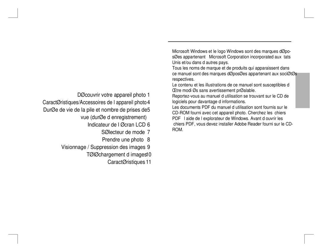 Samsung EC-D860ZSBB/TR, EC-D860ZSBC/FR, EC-D860ZSBD/FR, EC-D860ZSBB/FR Découvrir votre appareil photo, Table des matières 