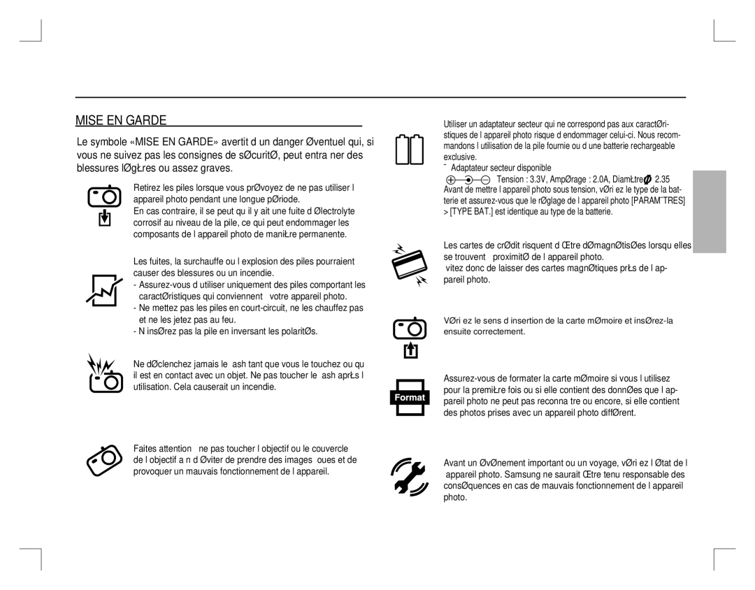 Samsung EC-D760ZSDD/AS, EC-D860ZSBC/FR, EC-D860ZSBD/FR, EC-D860ZSBB/FR manual Mise EN Garde, Adaptateur secteur disponible 