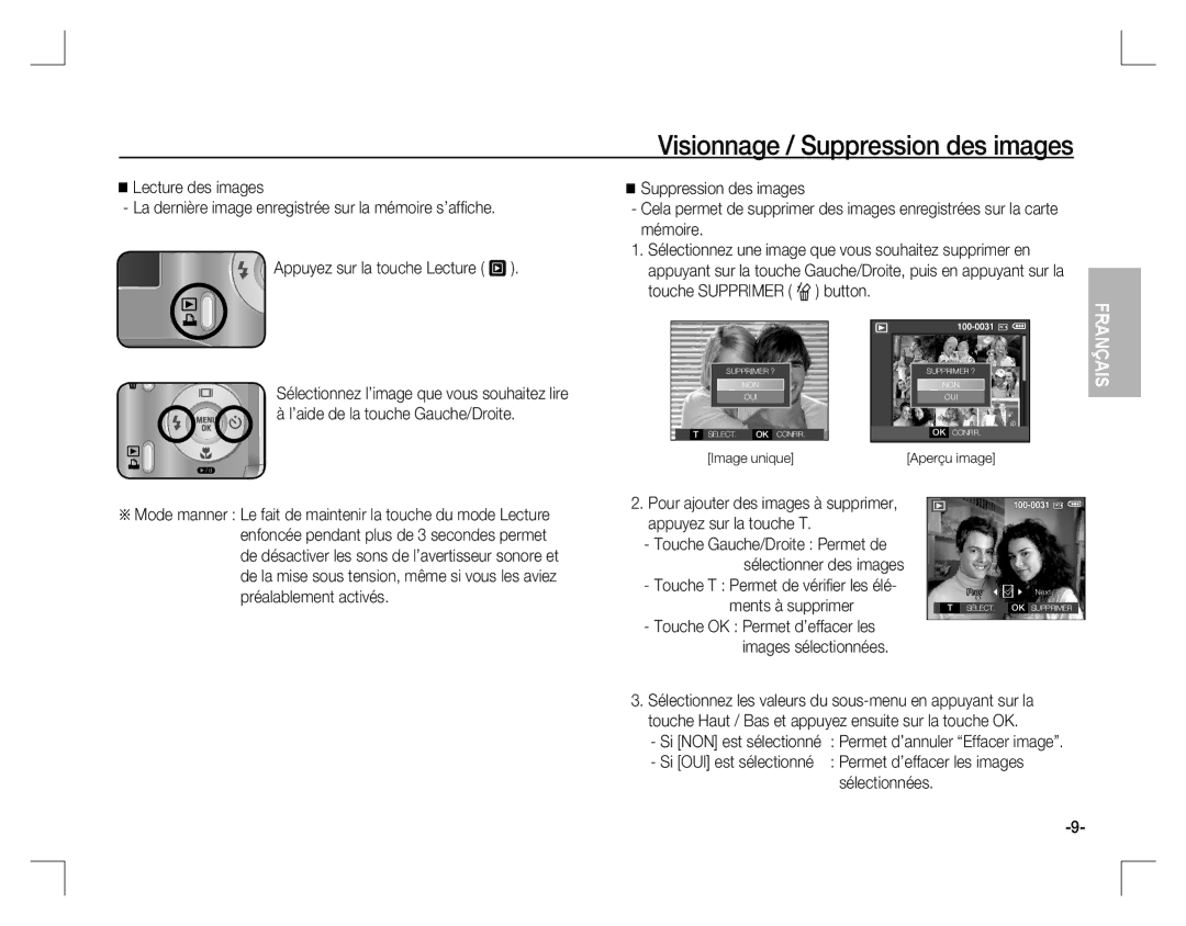 Samsung EC-D760ZBBB/RU manual Visionnage / Suppression des images, Touche T Permet de vériﬁ er les élé- ments à supprimer 