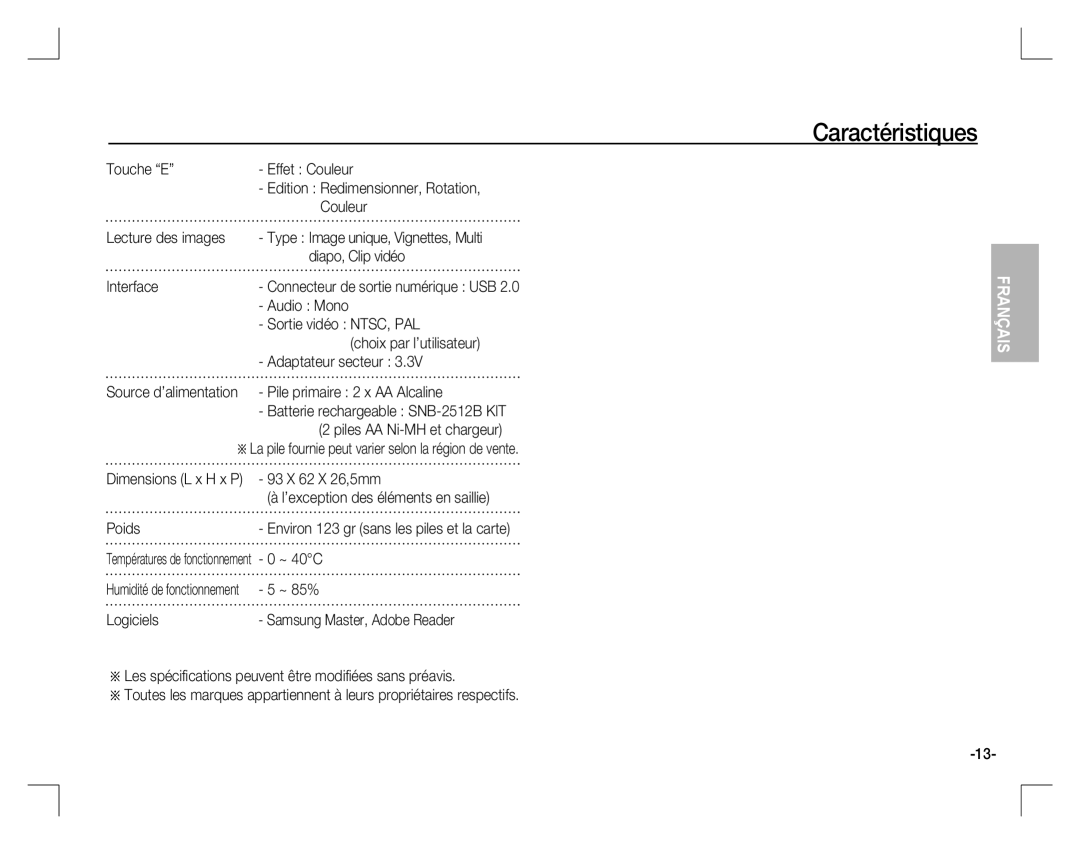 Samsung EC-D860ZSBC/FR manual Touche E Effet Couleur, Lecture des images, Diapo, Clip vidéo, 93 X 62 X 26,5mm, Poids 