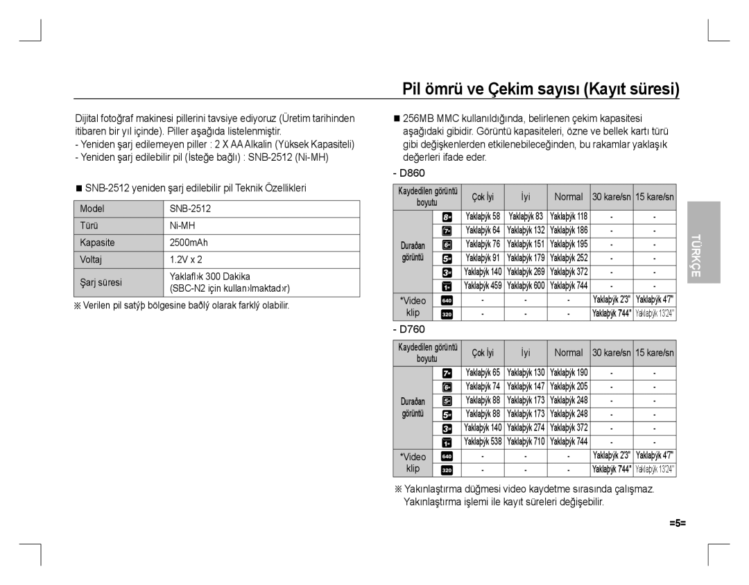 Samsung EC-D860ZSBD/E1 manual Pil ömrü ve Çekim sayısı Kayıt süresi, 256MB MMC kullanıldığında, belirlenen çekim kapasitesi 