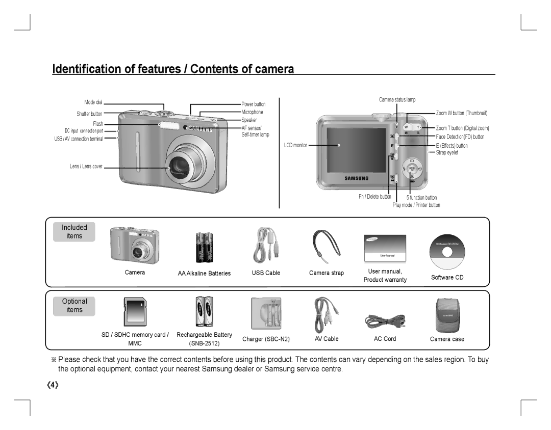 Samsung EC-D760ZSBB/FR, EC-D860ZSBC/FR, EC-D860ZSBD/FR, EC-D860ZSBB/FR manual Identiﬁcation of features / Contents of camera 