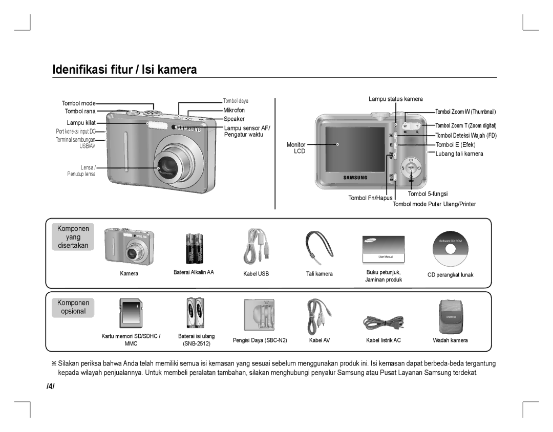 Samsung EC-D860ZSBB/IT, EC-D860ZSBC/FR manual Ideniﬁkasi ﬁtur / Isi kamera, Komponen Yang Disertakan, Komponen Opsional 