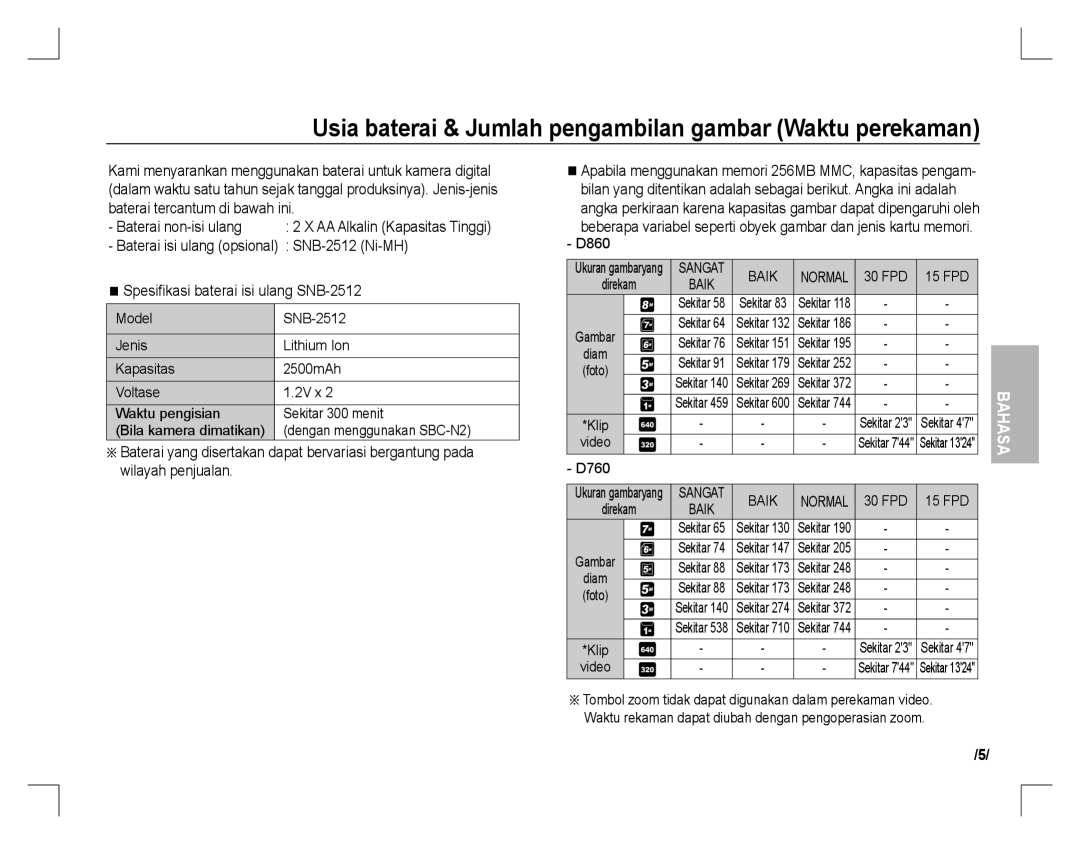 Samsung EC-D760ZSBE/E1, EC-D860ZSBC/FR manual Usia baterai & Jumlah pengambilan gambar Waktu perekaman, FPD 15 FPD, Video 