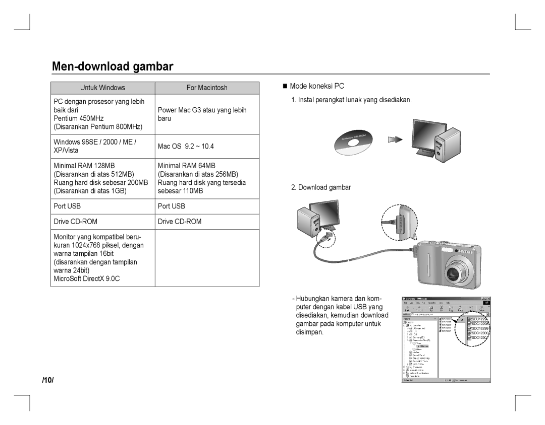 Samsung EC-D760ZSDG/AS Men-download gambar, Mode koneksi PC, Untuk Windows For Macintosh, Ruang hard disk yang tersedia 